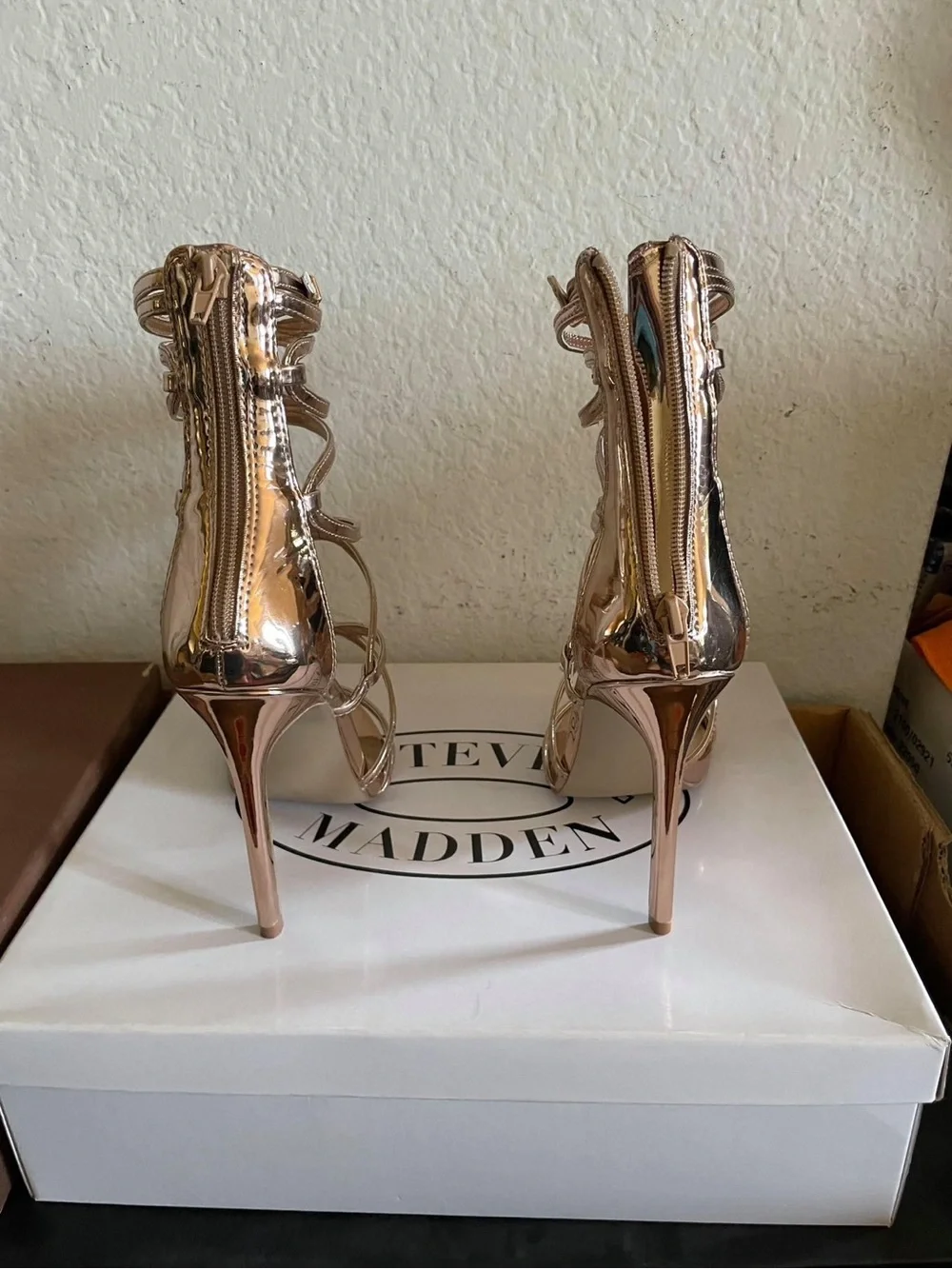 Steve Madden Metallic Rose Gold Strappy Cage Heels